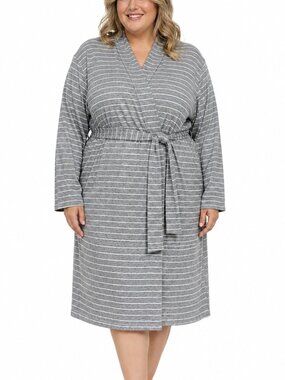 George Robe 1X-2X Plus Size Gray White Striped Jersey Soft Tie Belt Lounge Wrap